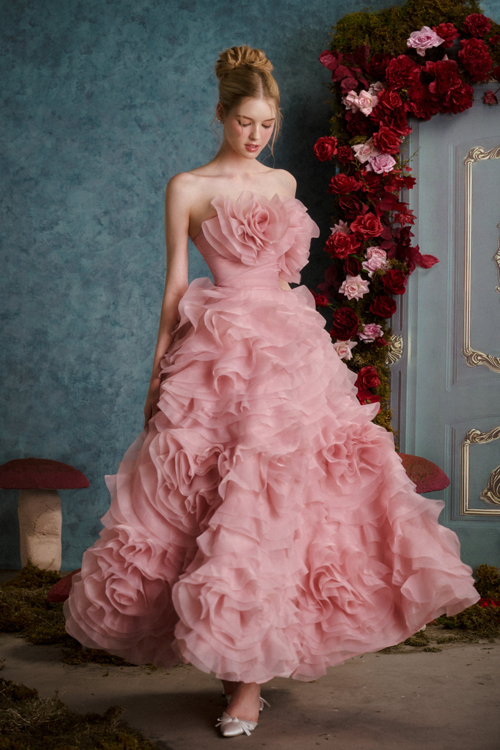 strapless open back dress Women's Rosie Ball Gown Ruffle Layer Organza Floor Length Dress XS/S/M/L  Dusty Rose MEAN BLVD