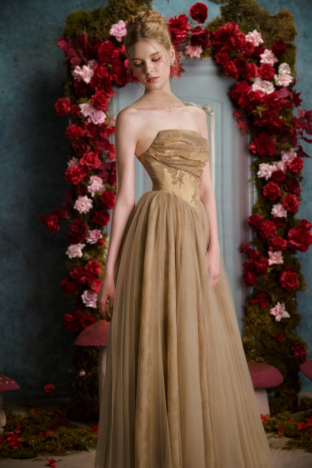brown tulle maxi dress The Aria | Brown Formal Dress Sheath Strapless Tulle Jacquard Maxi Dress with Scarf