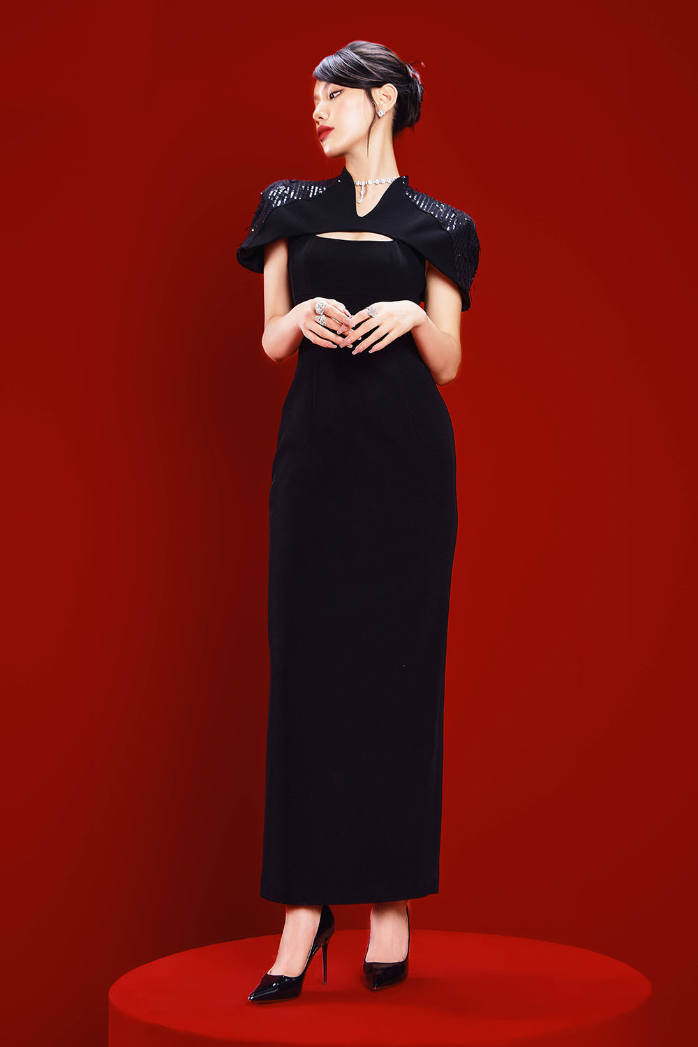 Natalia Sheath Cape Shoulder Raw Fabric Ankle Length Dress