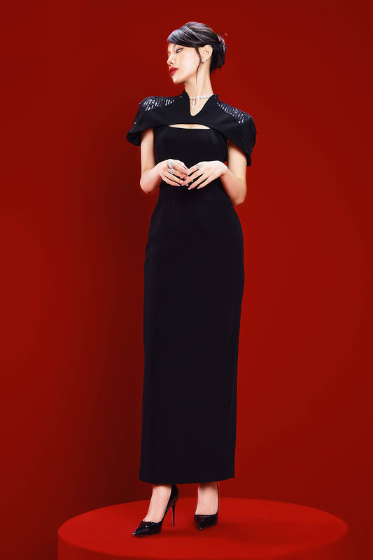 Natalia Sheath Cape Shoulder Raw Fabric Ankle Length Dress