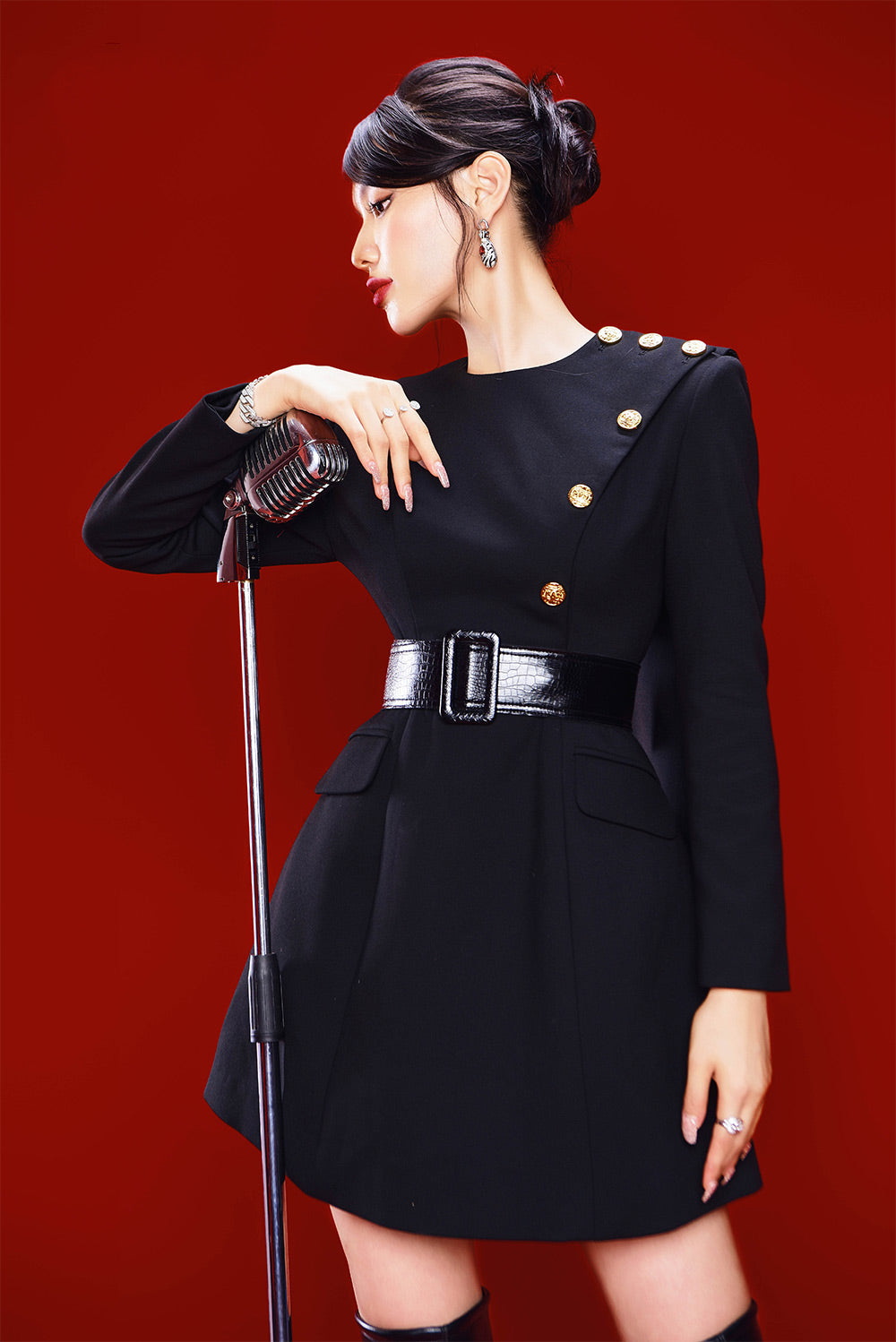 short black dress with red belt New Style Black V-neck Prom Evening Dresses With Red Belt