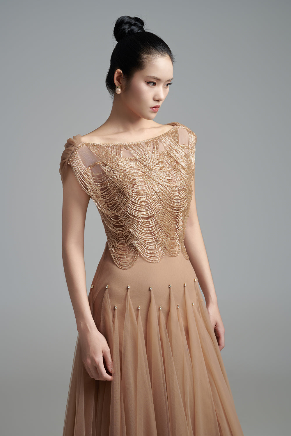 Women's Alondra Gored Boat Neck Mesh Maxi Dress XXS/XS/S/M/L/XL/XXL/3XL/Customize Cream Brown MEAN BLVD Cream Brown / 3XL Women's Alondra Gored Boat Neck Mesh Maxi Dress XXS/XS/S/M/L/XL/XXL/3XL/Customize Cream Brown MEAN BLVD Cream Brown / 3XL