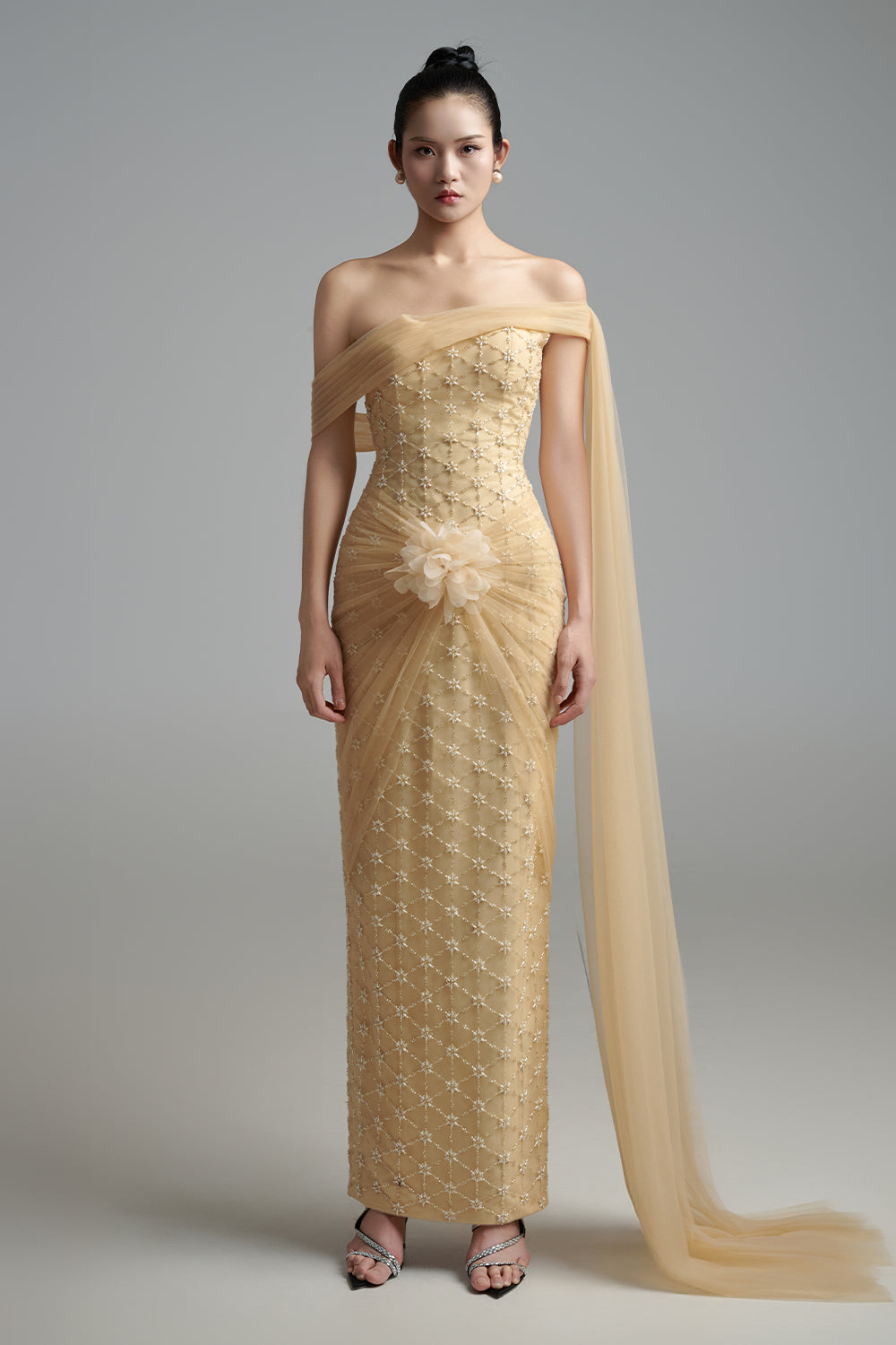 Bridget Pegged Off-Shoulder Polyester Maxi Dress