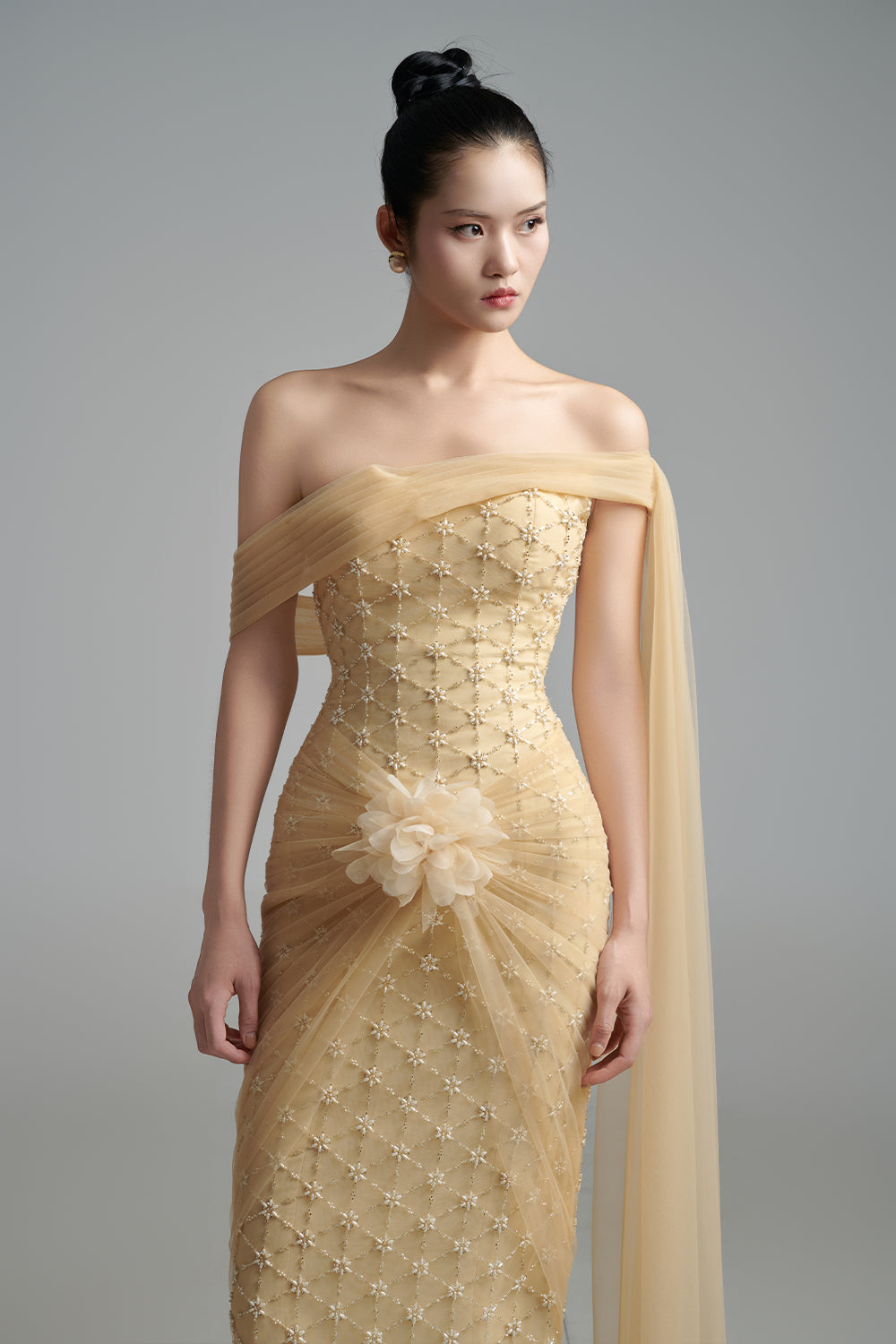 Bridget Pegged Off-Shoulder Polyester Maxi Dress