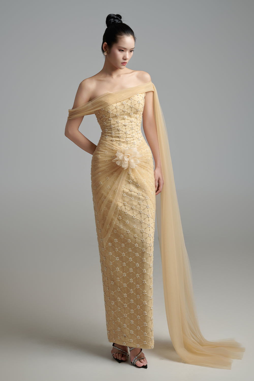 Bridget Pegged Off-Shoulder Polyester Maxi Dress