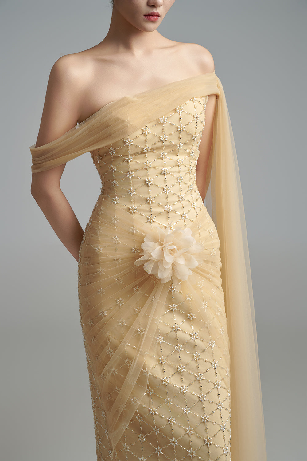 Bridget Pegged Off-Shoulder Polyester Maxi Dress