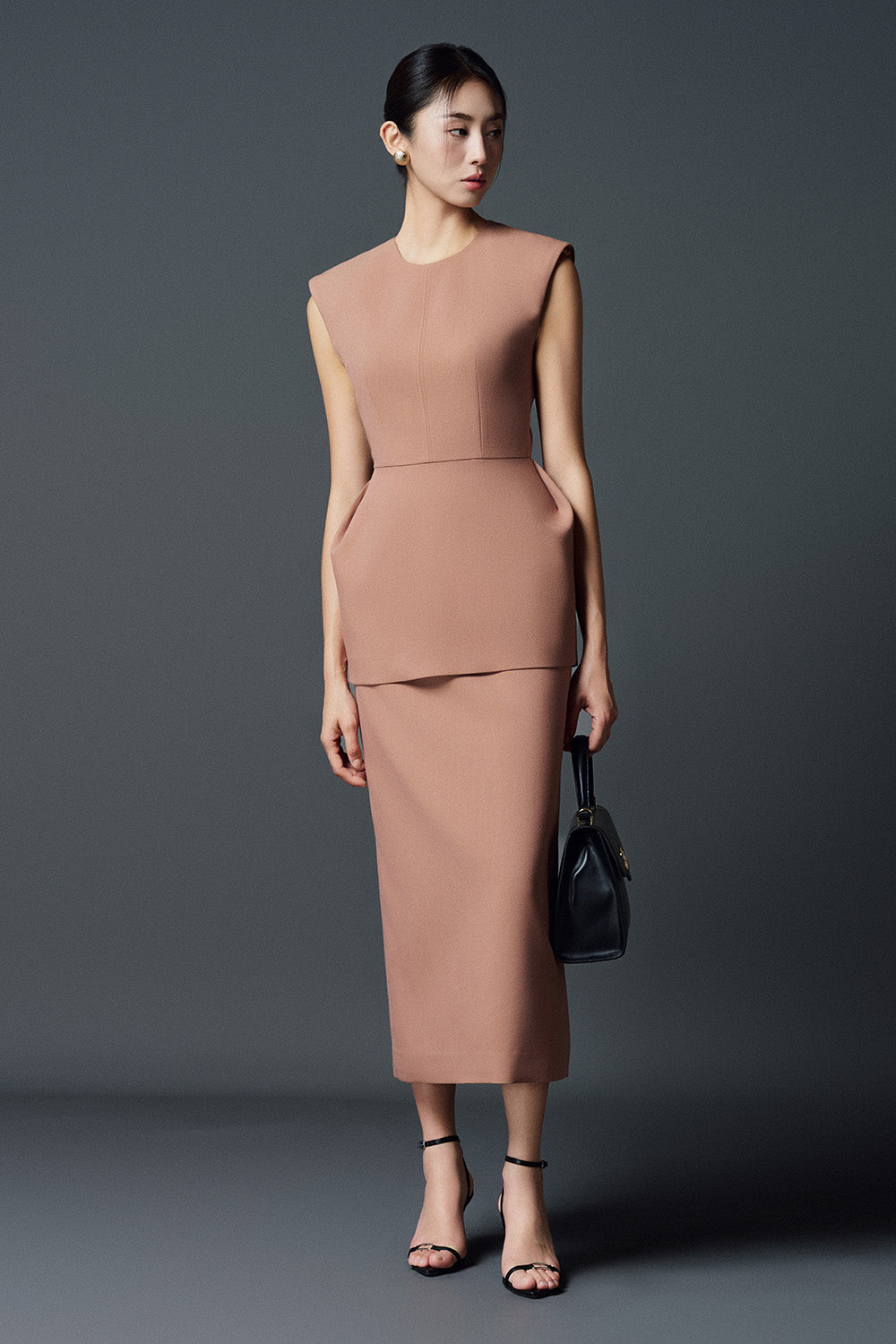 Hattie Peplum Round Neck Twill Midi Dress