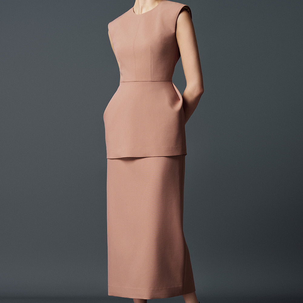 Hattie Peplum Round Neck Twill Midi Dress