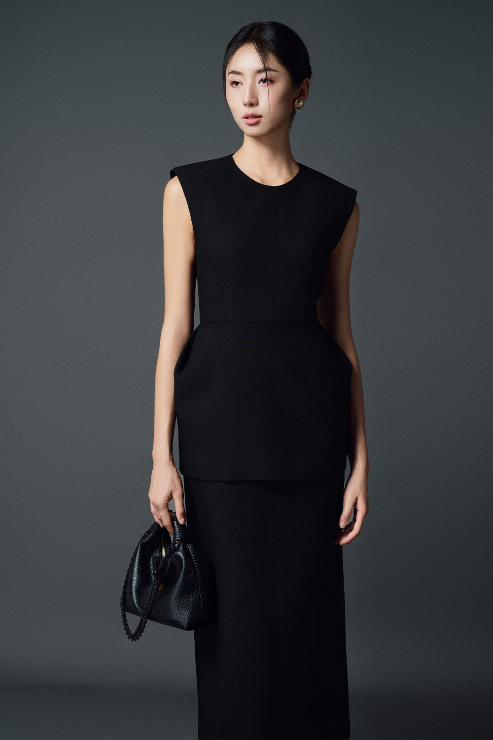 Hattie Peplum Round Neck Twill Midi Dress