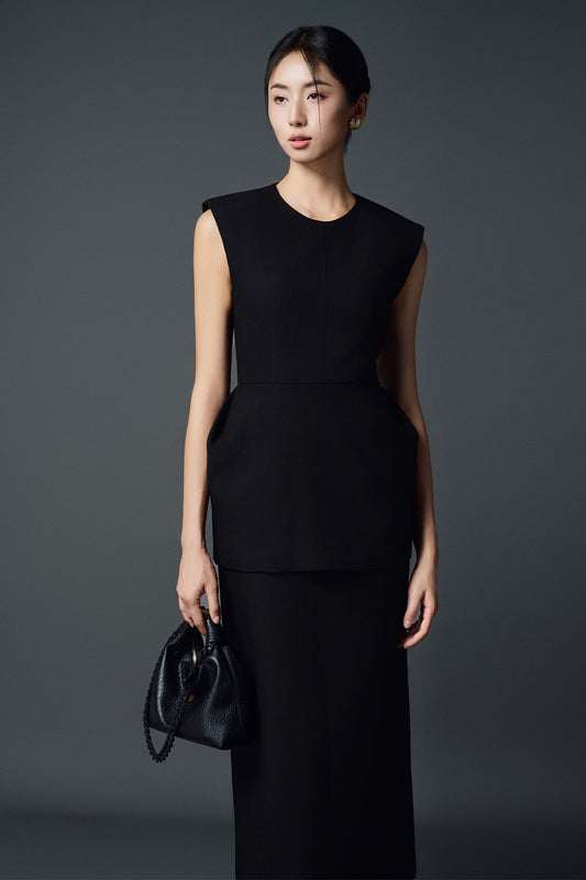 Hattie Peplum Round Neck Twill Midi Dress