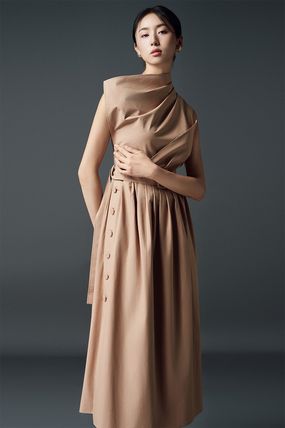 Cecilia A-line Sleeveless Wool Midi Dress - Light Brown / S Cecilia A-line Sleeveless Wool Midi Dress - Light Brown / S