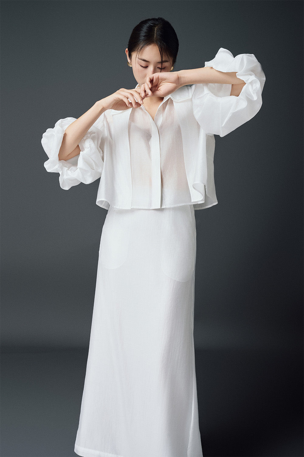 Clove Cropped Puffy Sleeved Chiffon Shirt