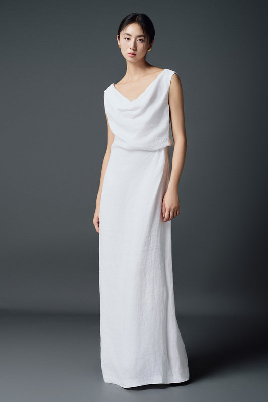 Rosetta Blouson Back Slit Linen Floor Length Dress
