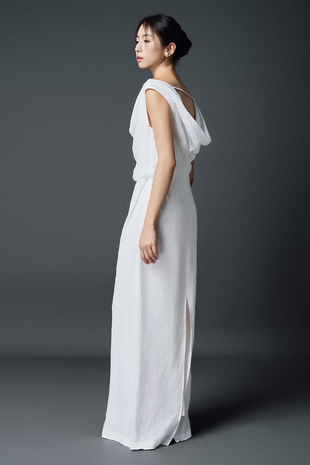 Rosetta Blouson Back Slit Linen Floor Length Dress