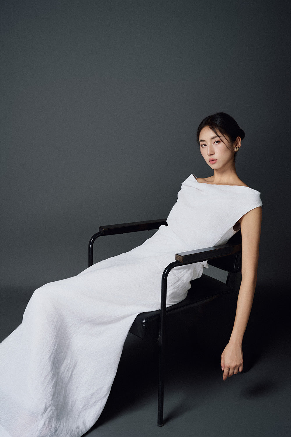 Rosetta Blouson Back Slit Linen Floor Length Dress