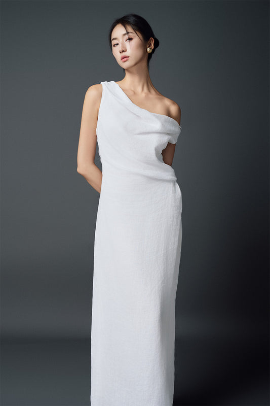 Rosetta Blouson Back Slit Linen Floor Length Dress