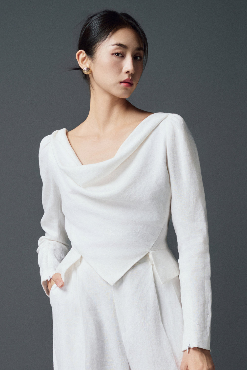 Catharine Cropped Cowl Neck Linen Top