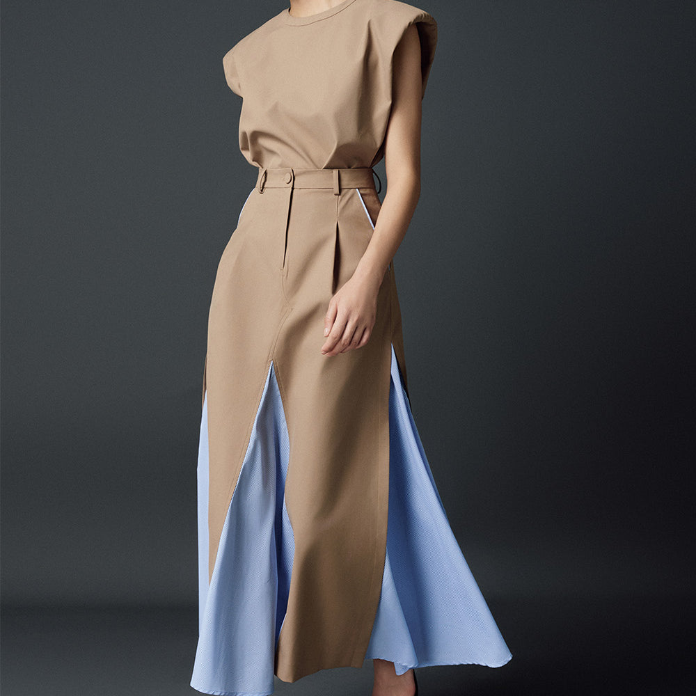 Lavender Gored High Waist Khaki Midi Skirt
