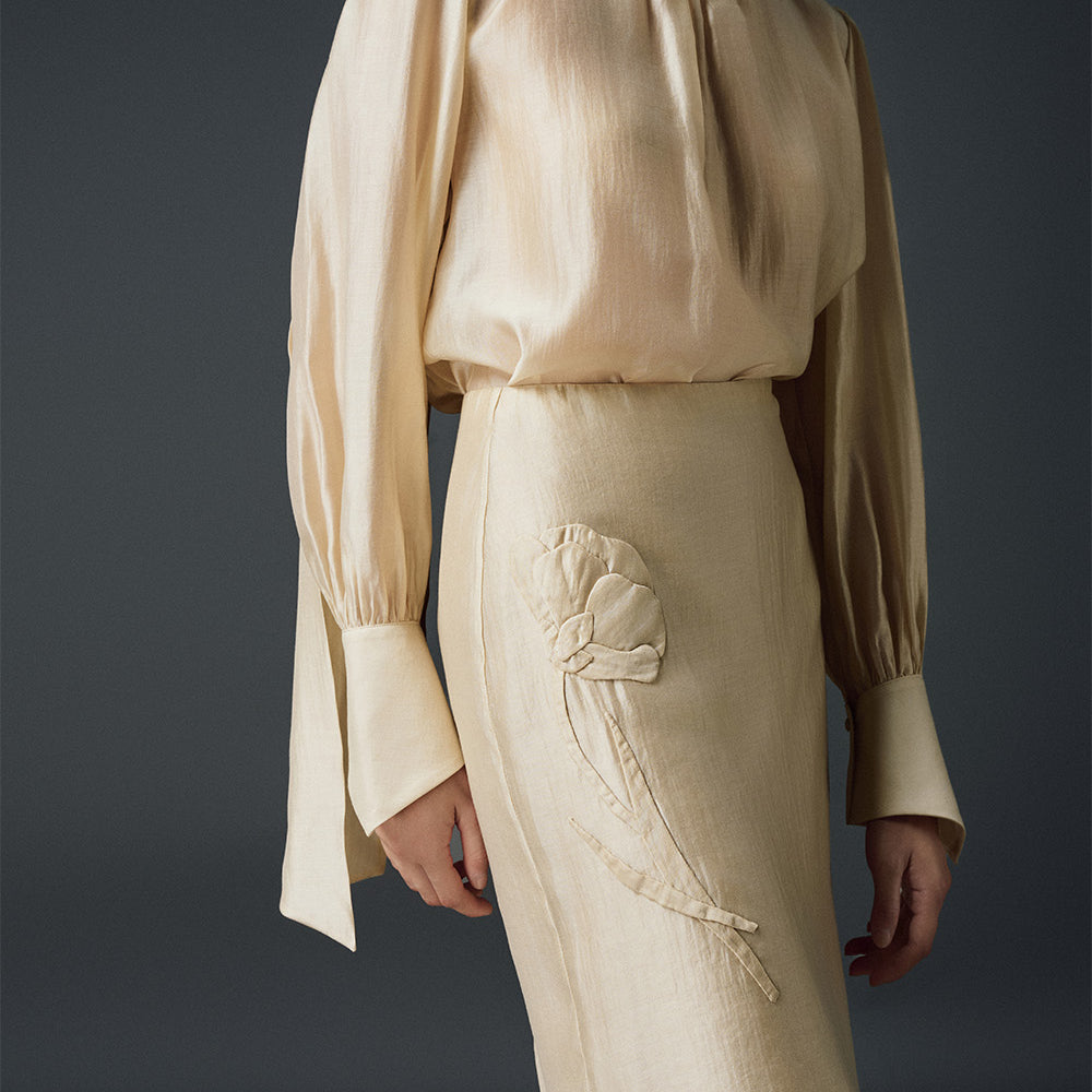 Camellia Layered Flower Applique Chiffon Calf Length Skirt