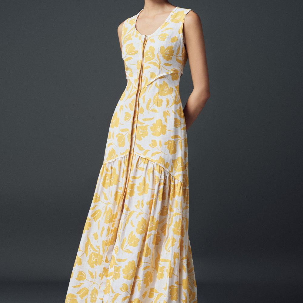 Sunna Drop Waist Scoop Neck Linen Maxi Dress