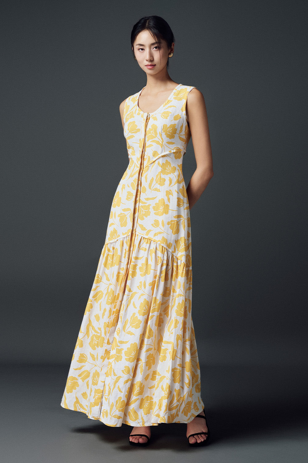Sunna Drop Waist Scoop Neck Linen Maxi Dress