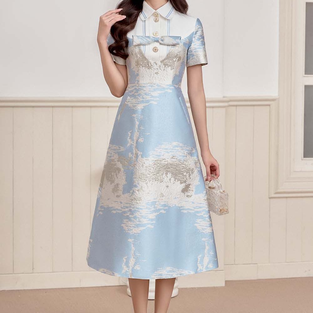 Women's Sulie A-line Collared Neck Brocade Midi Dress S/M/L/Customize Blue Marble MEAN BLVD S / Blue / Marble Women's Sulie A-line Collared Neck Brocade Midi Dress S/M/L/Customize Blue Marble MEAN BLVD S / Blue / Marble