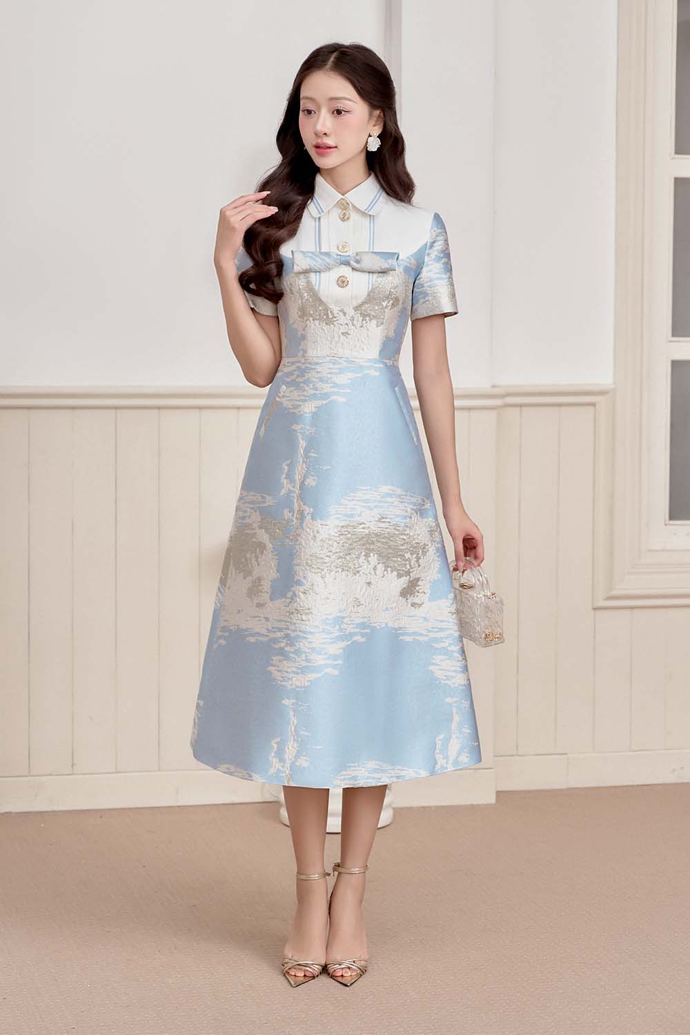 blue dress for baby girl Women's Sulie A-Line Collared Neck Brocade Midi Dress S/M/L/Customize Blue Marble Mean Blvd, S / Blue / Marble