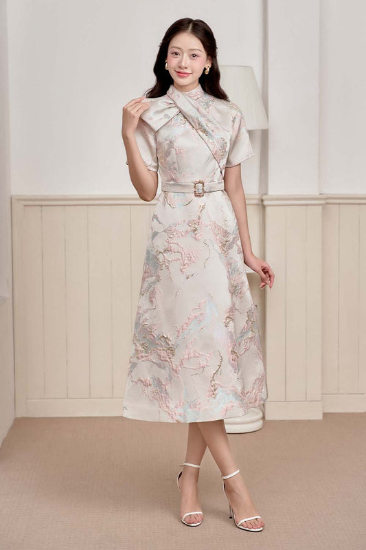 Nancie A-line Tie Neck Brocade Midi Dress