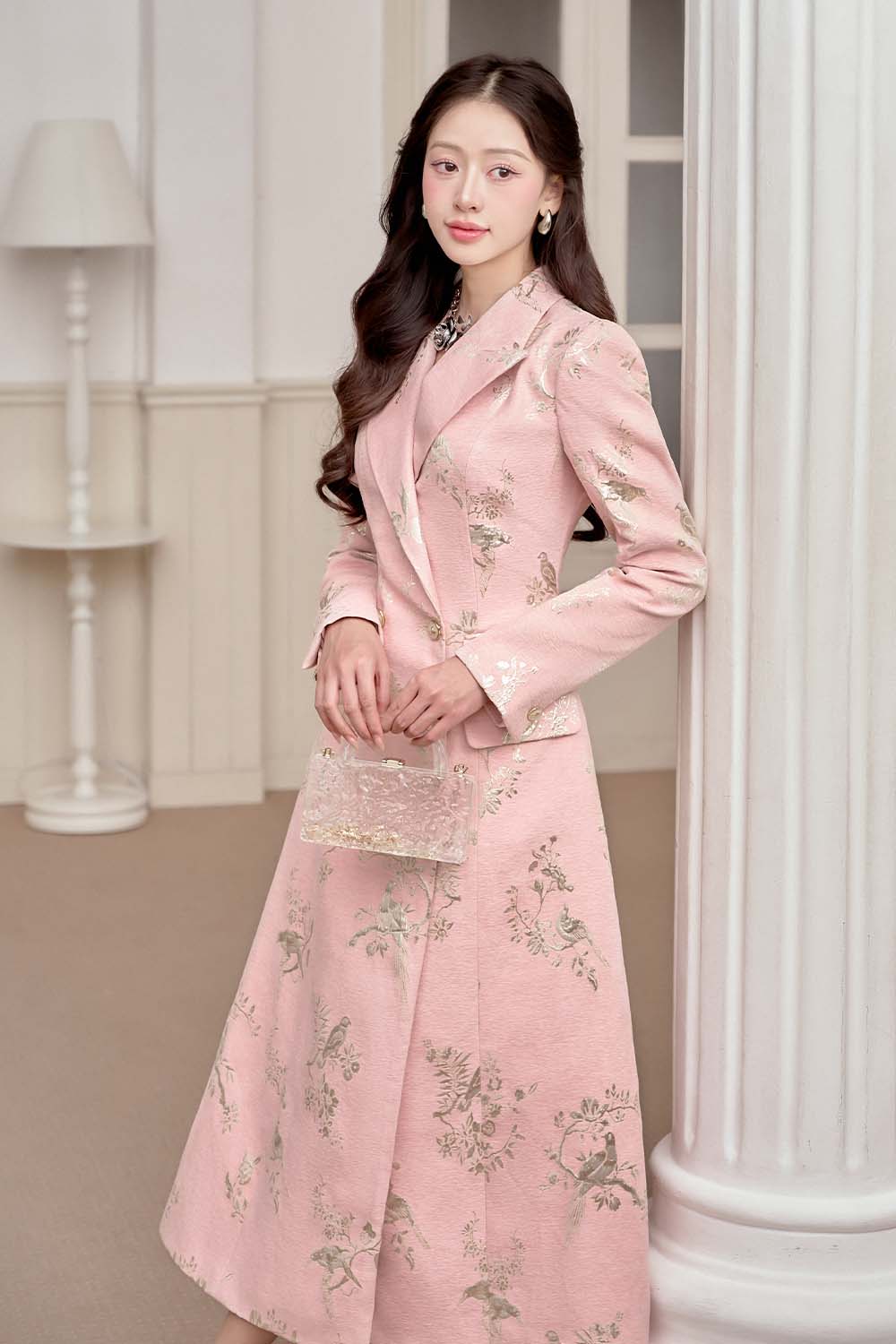 Birdie A-line V-Neck Brocade Midi Dress
