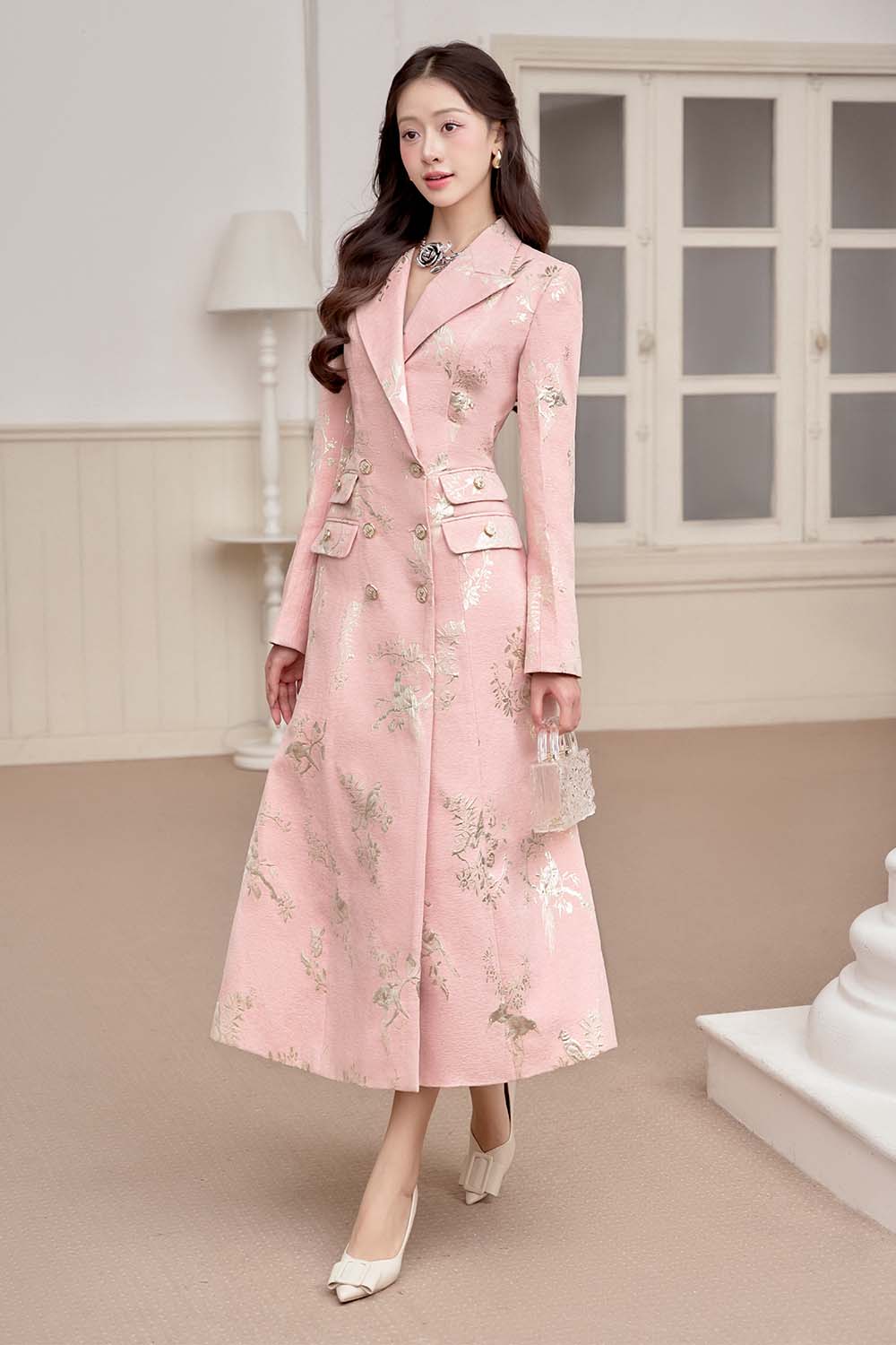 Birdie A-line V-Neck Brocade Midi Dress