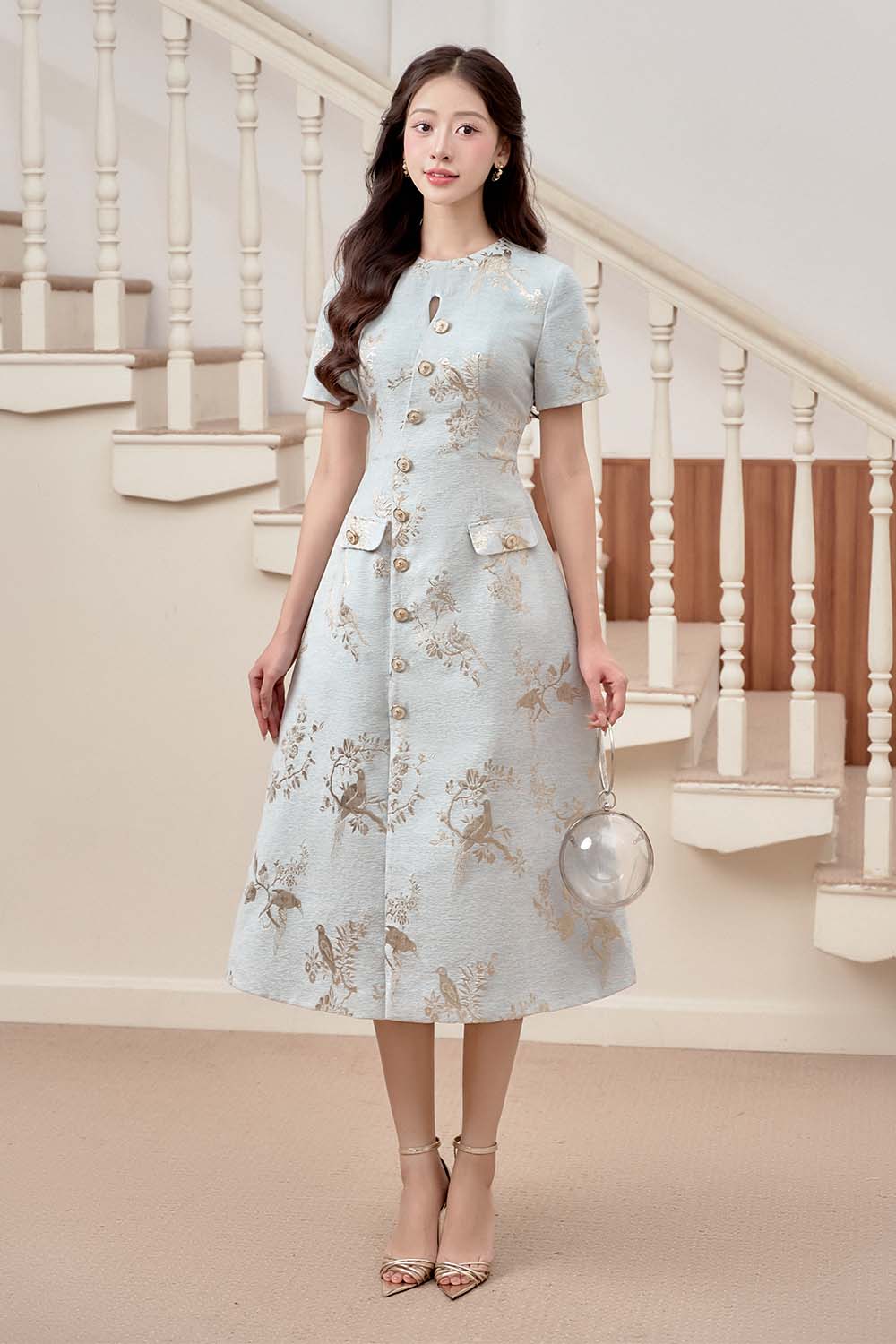 Bluemie A-line Round Neck Brocade Midi Dress
