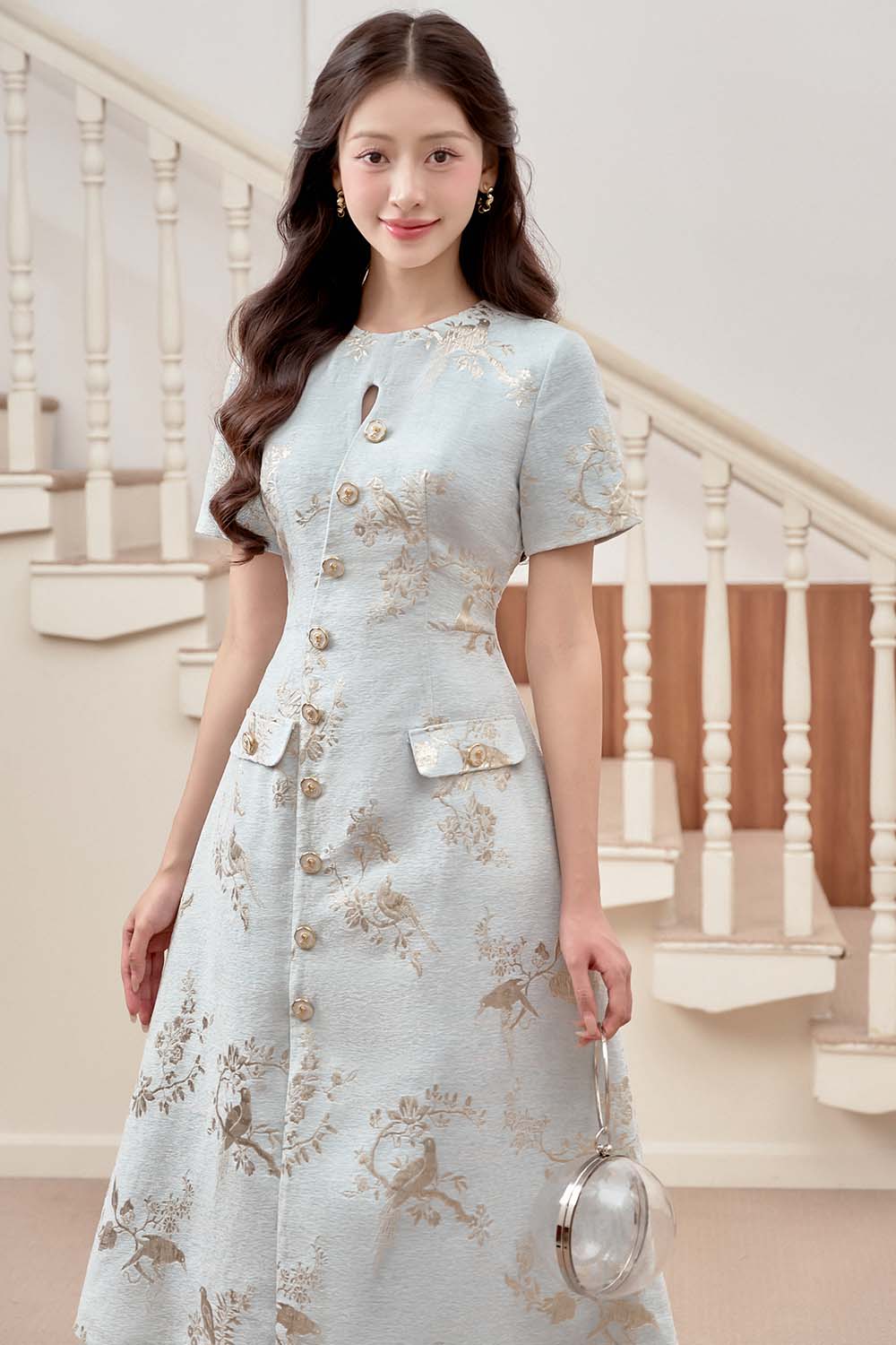 Bluemie A-line Round Neck Brocade Midi Dress