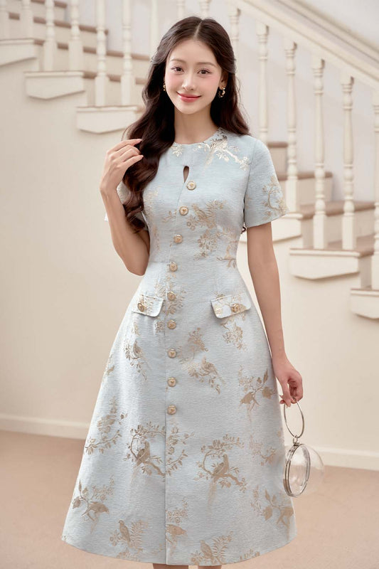 Bluemie A-line Round Neck Brocade Midi Dress