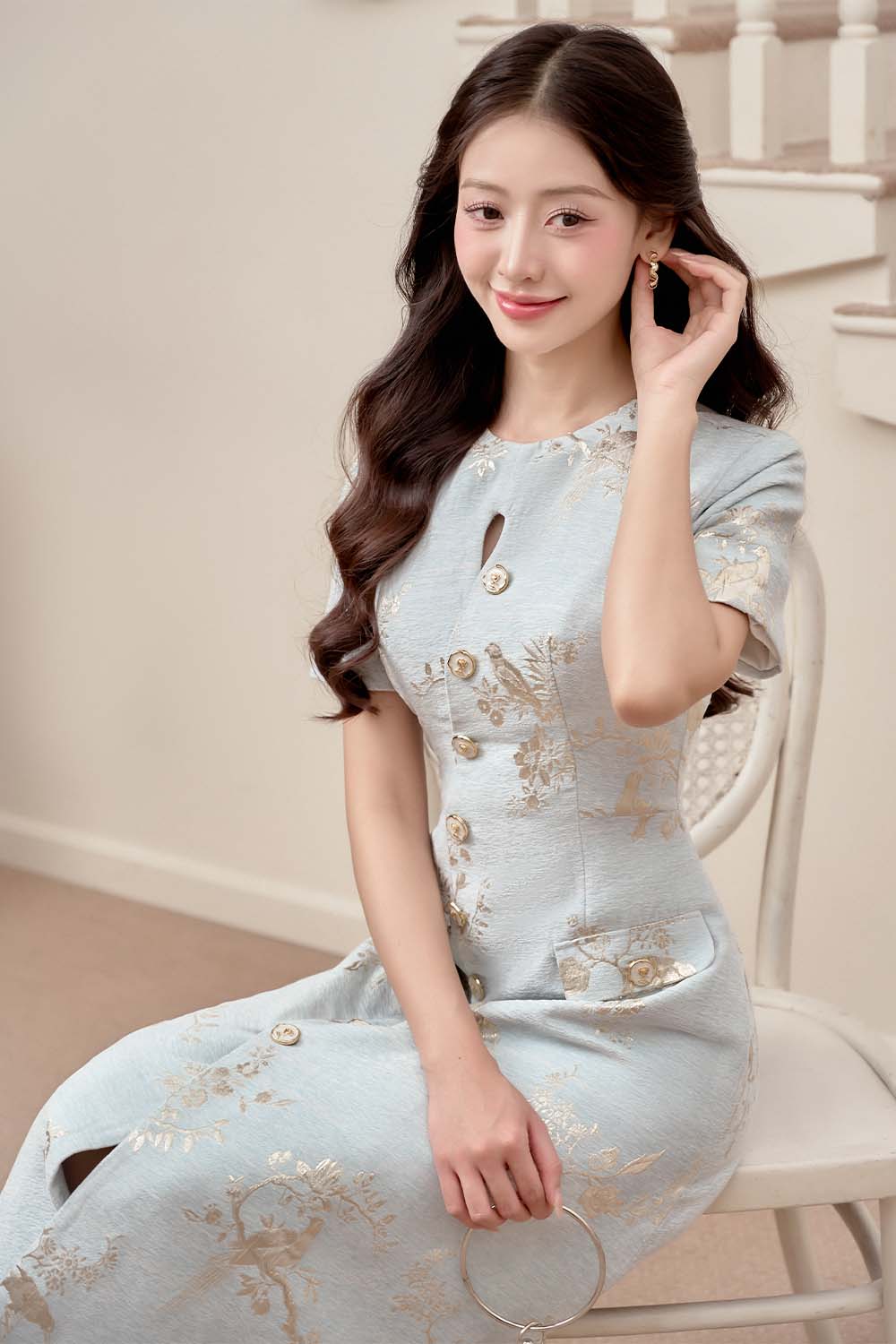 Bluemie A-line Round Neck Brocade Midi Dress