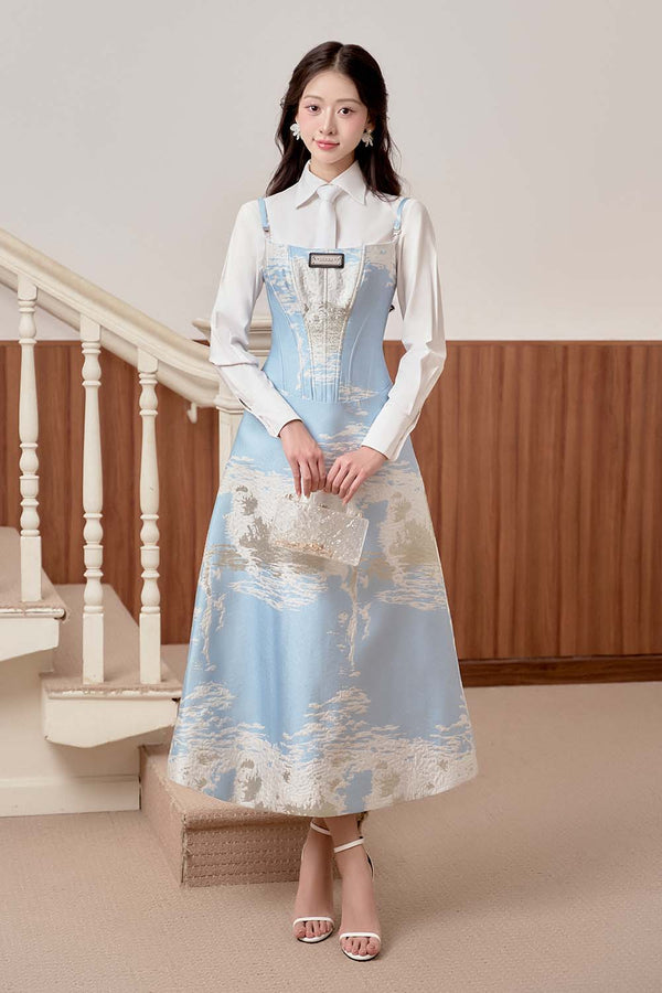 Bluedream A-line Collared Neck Brocade Midi Set