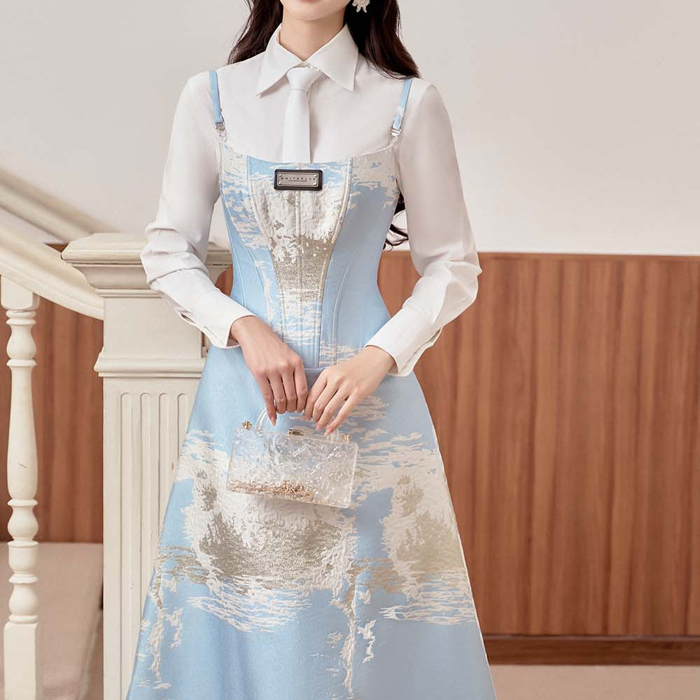 Bluedream A-line Spaghetti Strap Brocade Midi Dress