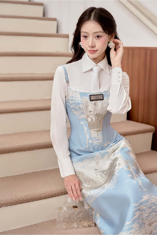 Bluedream A-line Collared Neck Brocade Midi Set