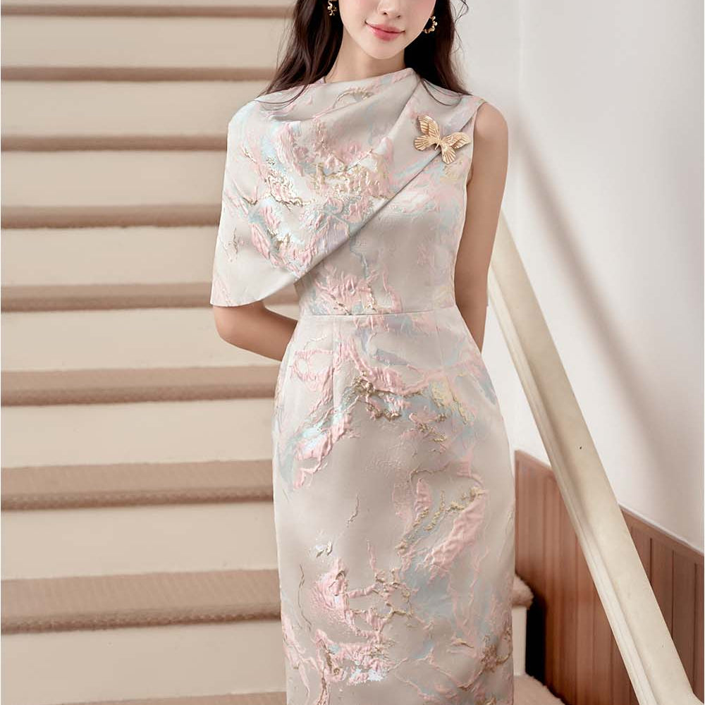 Sondal Sheath Cape Shoulder Brocade Midi Dress