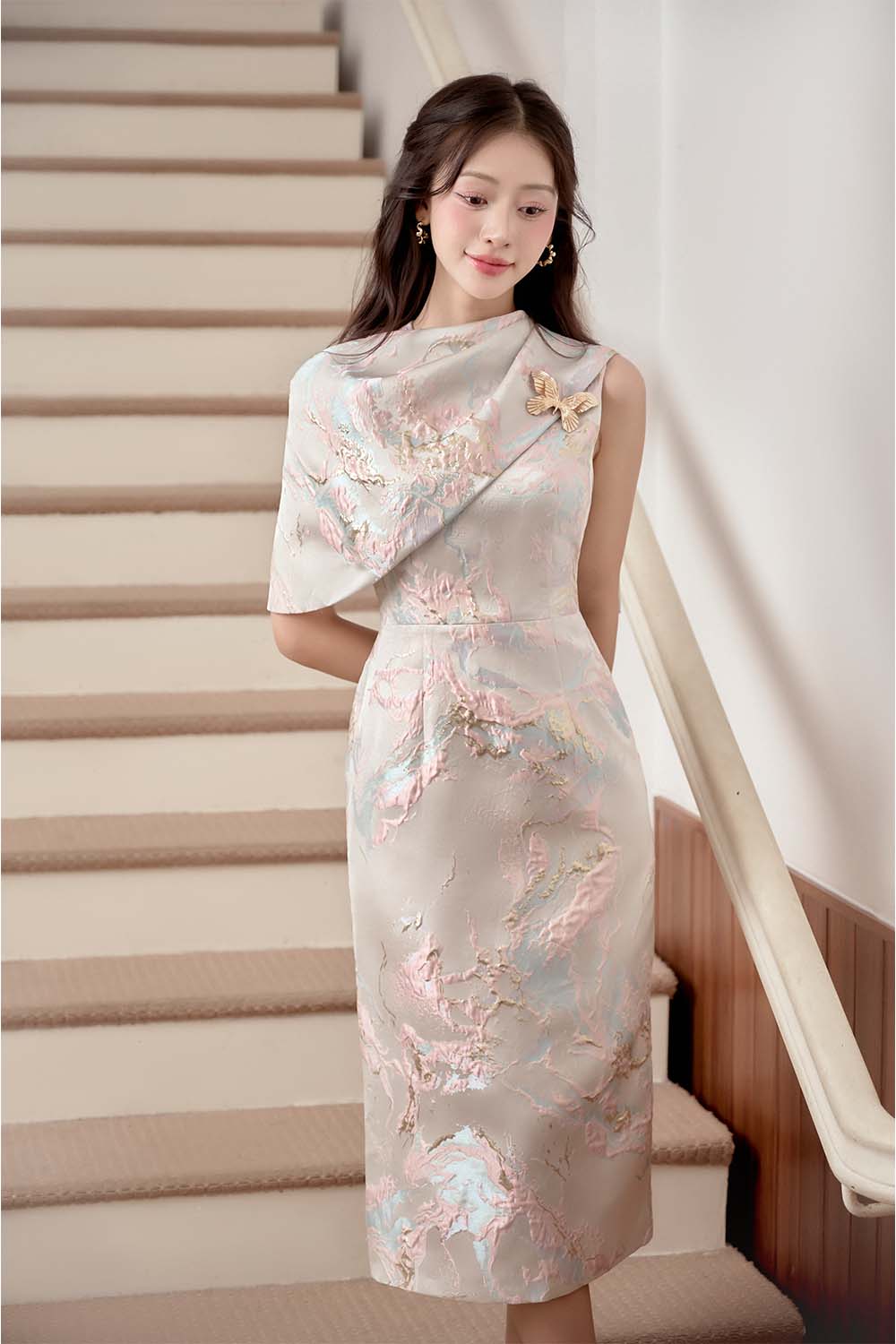 Sondal Sheath Cape Shoulder Brocade Midi Dress