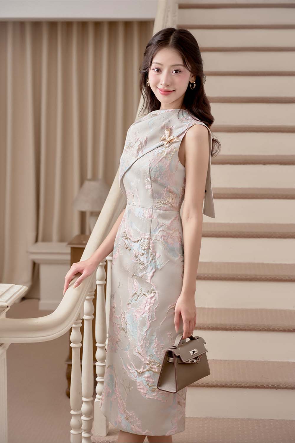 Sondal Sheath Cape Shoulder Brocade Midi Dress