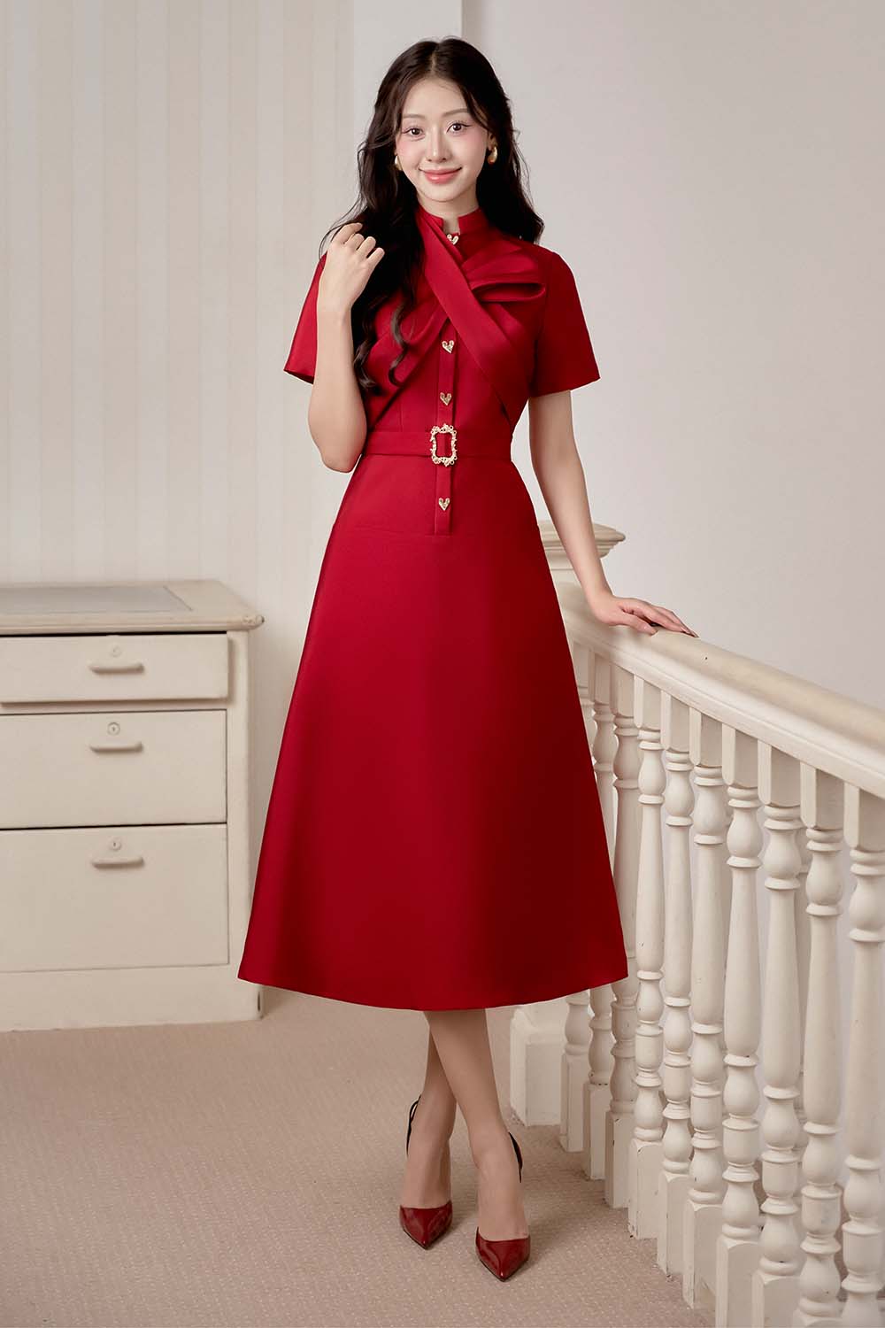 Renda A-line Bow Tie Taffeta Midi Dress