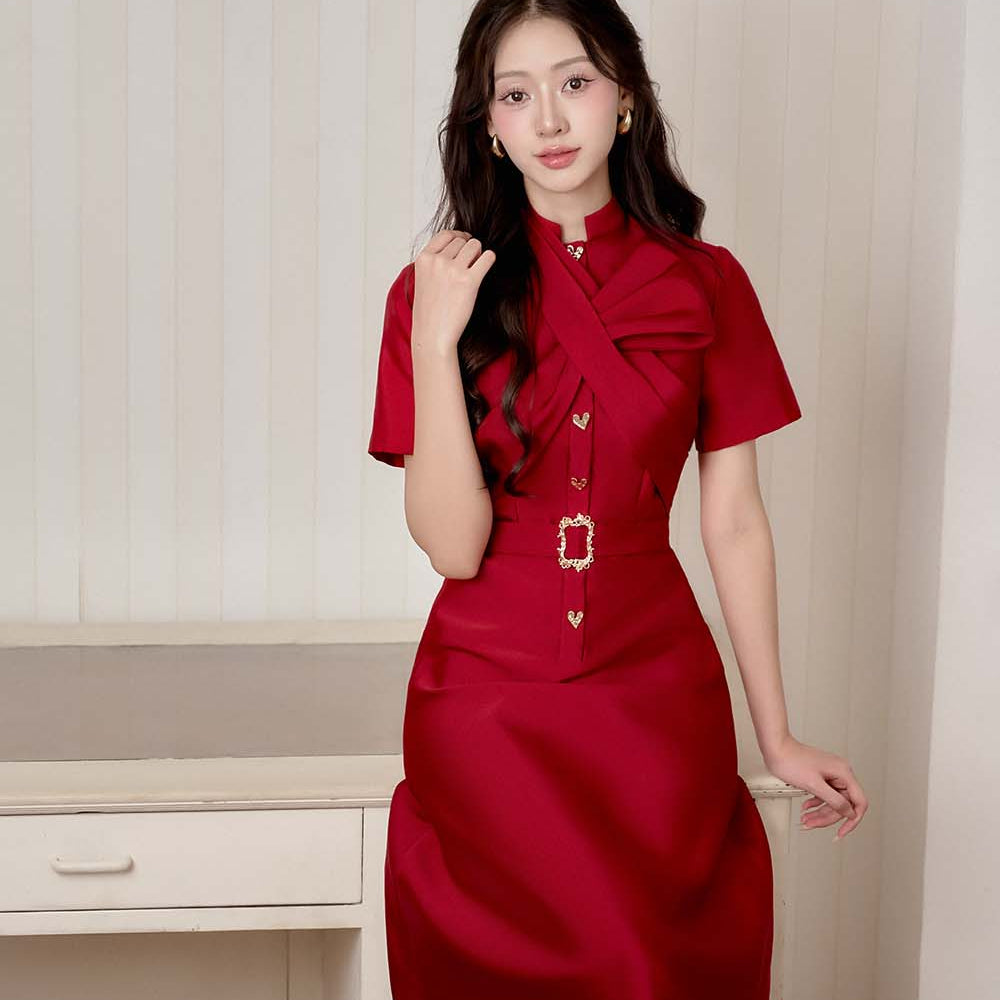 Renda A-line Bow Tie Taffeta Midi Dress