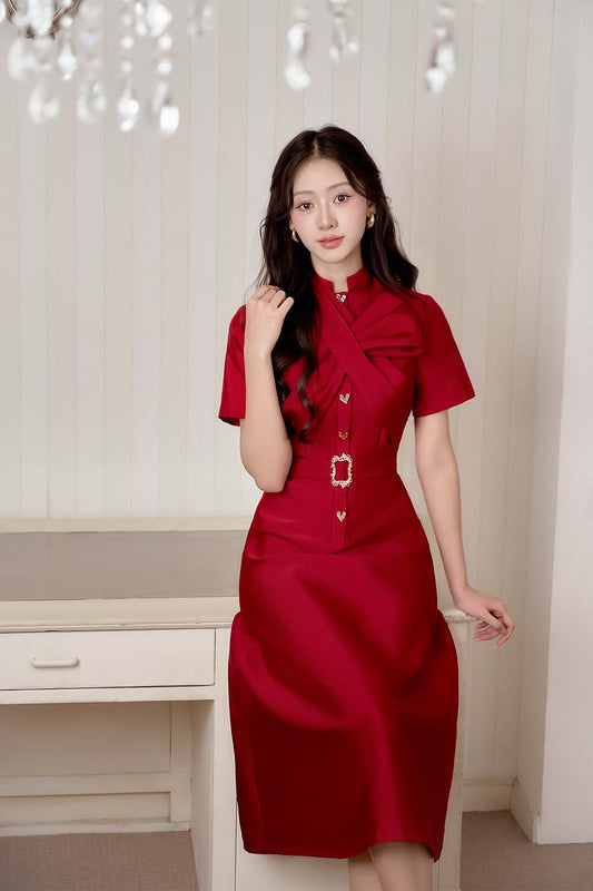 Renda A-line Bow Tie Taffeta Midi Dress