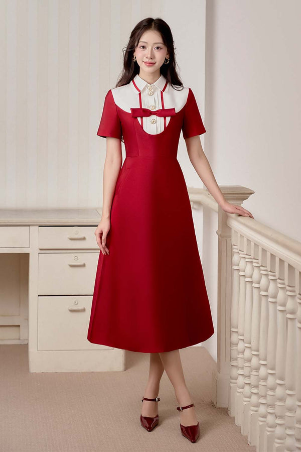 Redlie A-line Collared Neck Taffeta Midi Dress