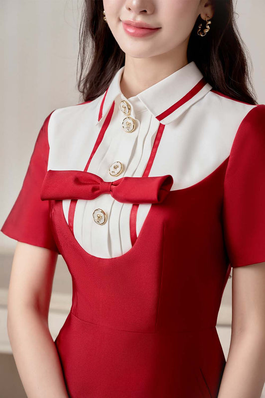 Redlie A-line Collared Neck Taffeta Midi Dress