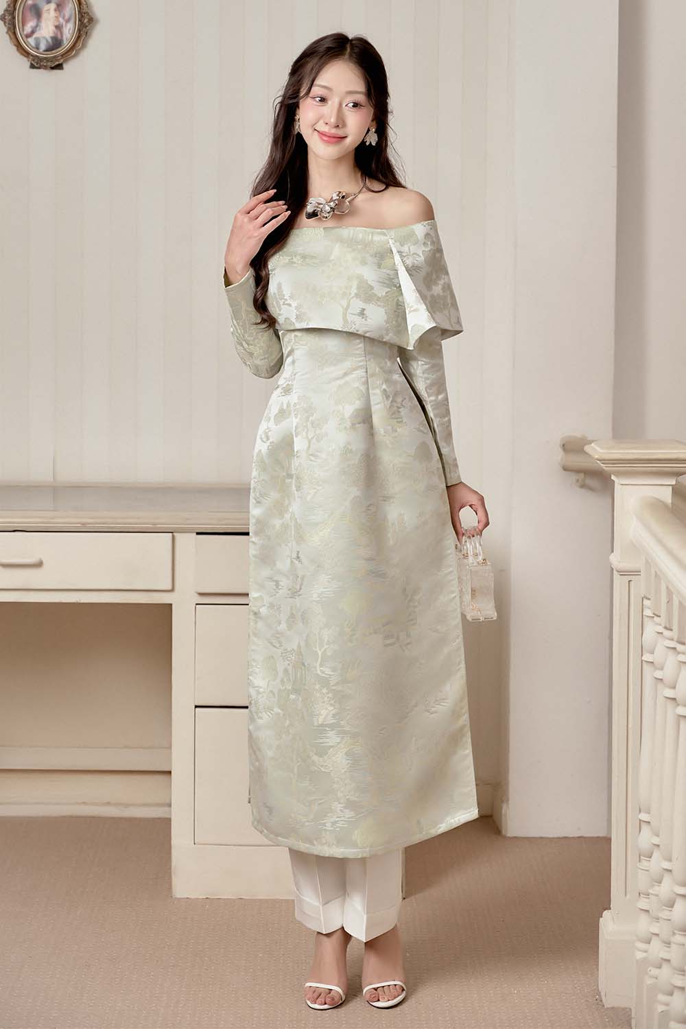 Giai Nhan A-line Off-Shoulder Brocade Ankle Length Set