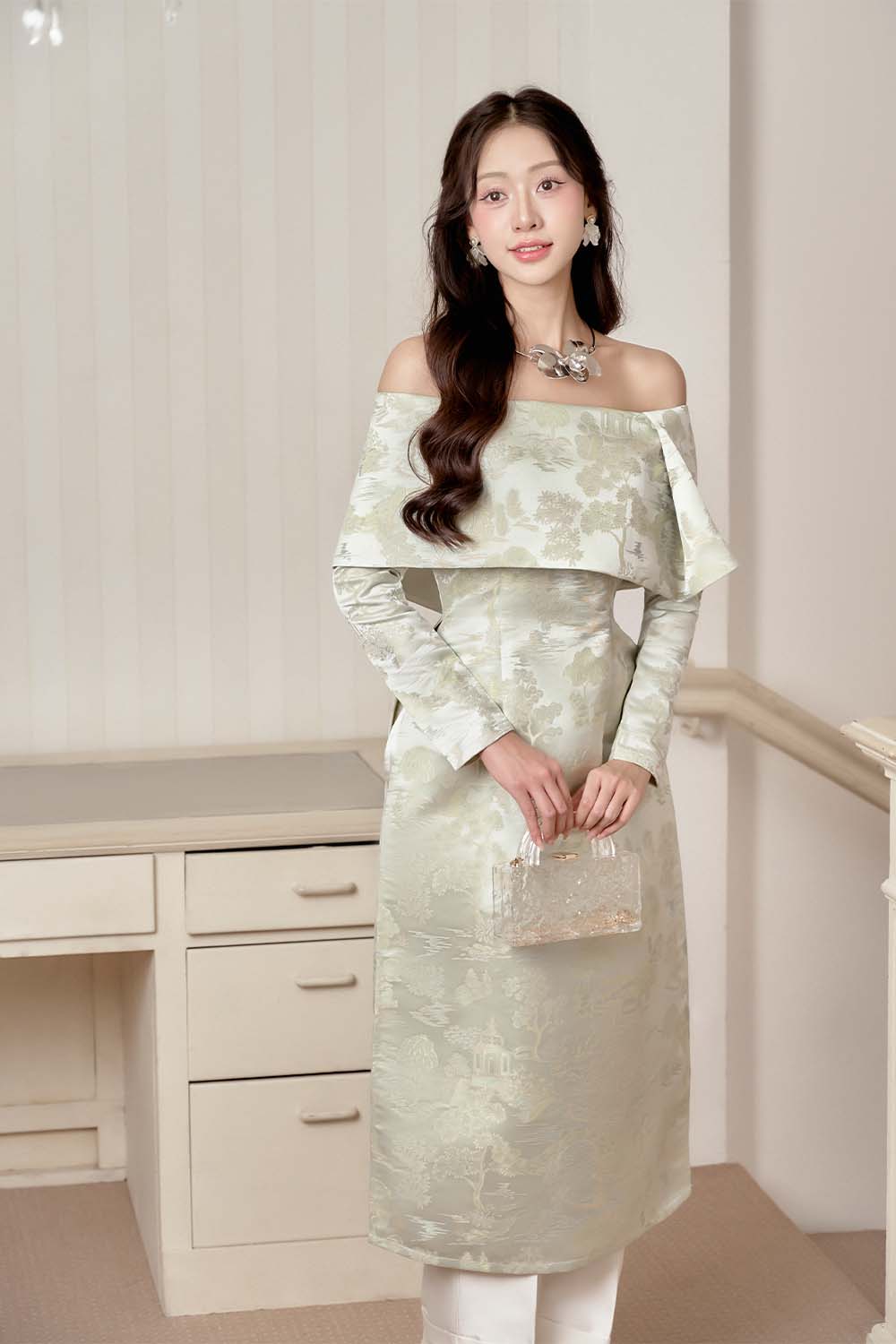 Giai Nhan A-line Off-Shoulder Brocade Ankle Length Set