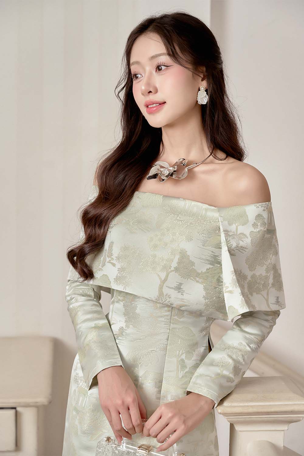 Giai Nhan A-line Off-Shoulder Brocade Ankle Length Set