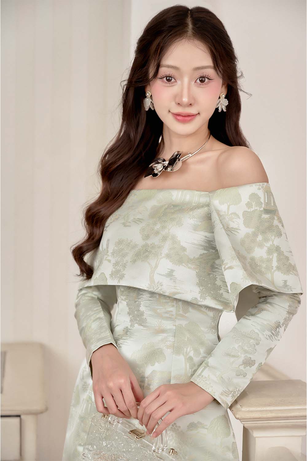 Giai Nhan A-line Off-Shoulder Brocade Ankle Length Set
