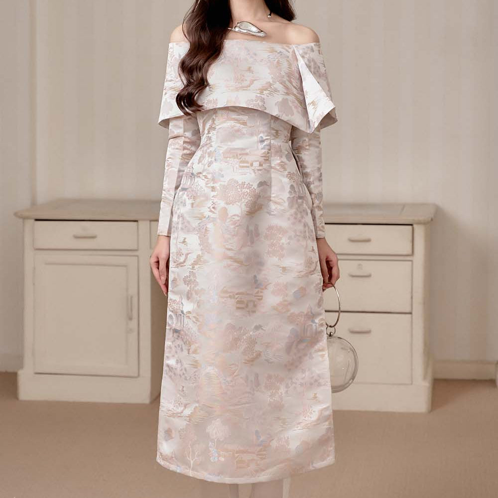Giai Nhan A-line Off-Shoulder Brocade Ankle Length Set
